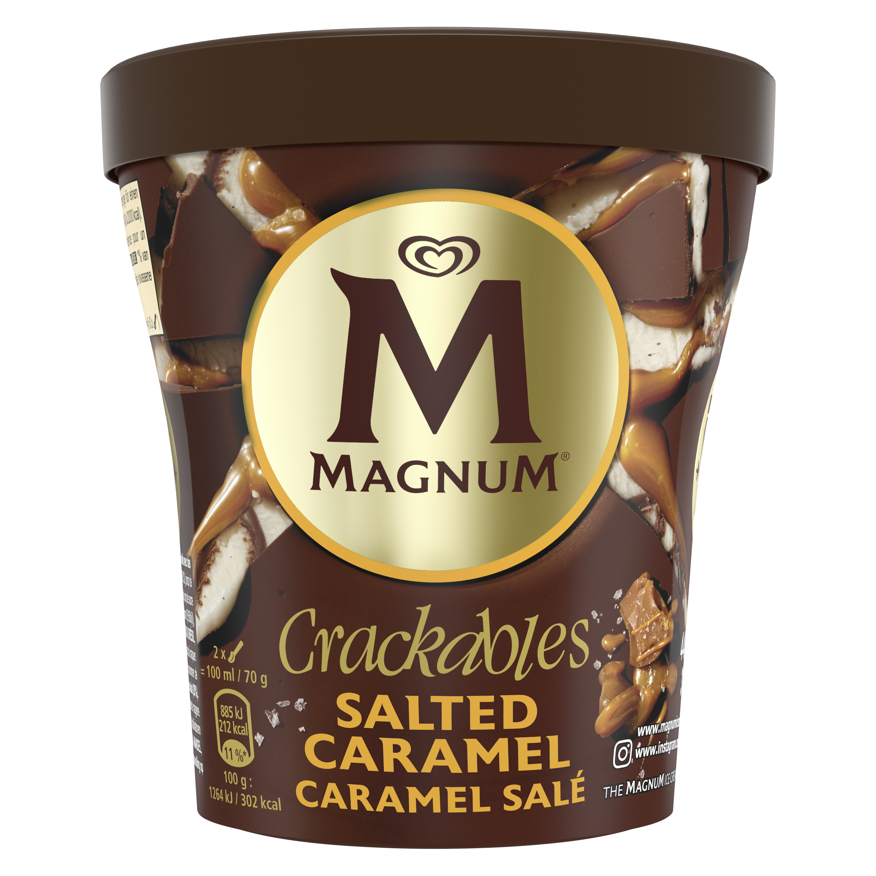 Magnum Crackables Glace Becher Salted Caramel für den feinen Glace Genuss mit der perfekten Balance aus knackiger Schokolade und cremiger Glace 1 x 440 ml